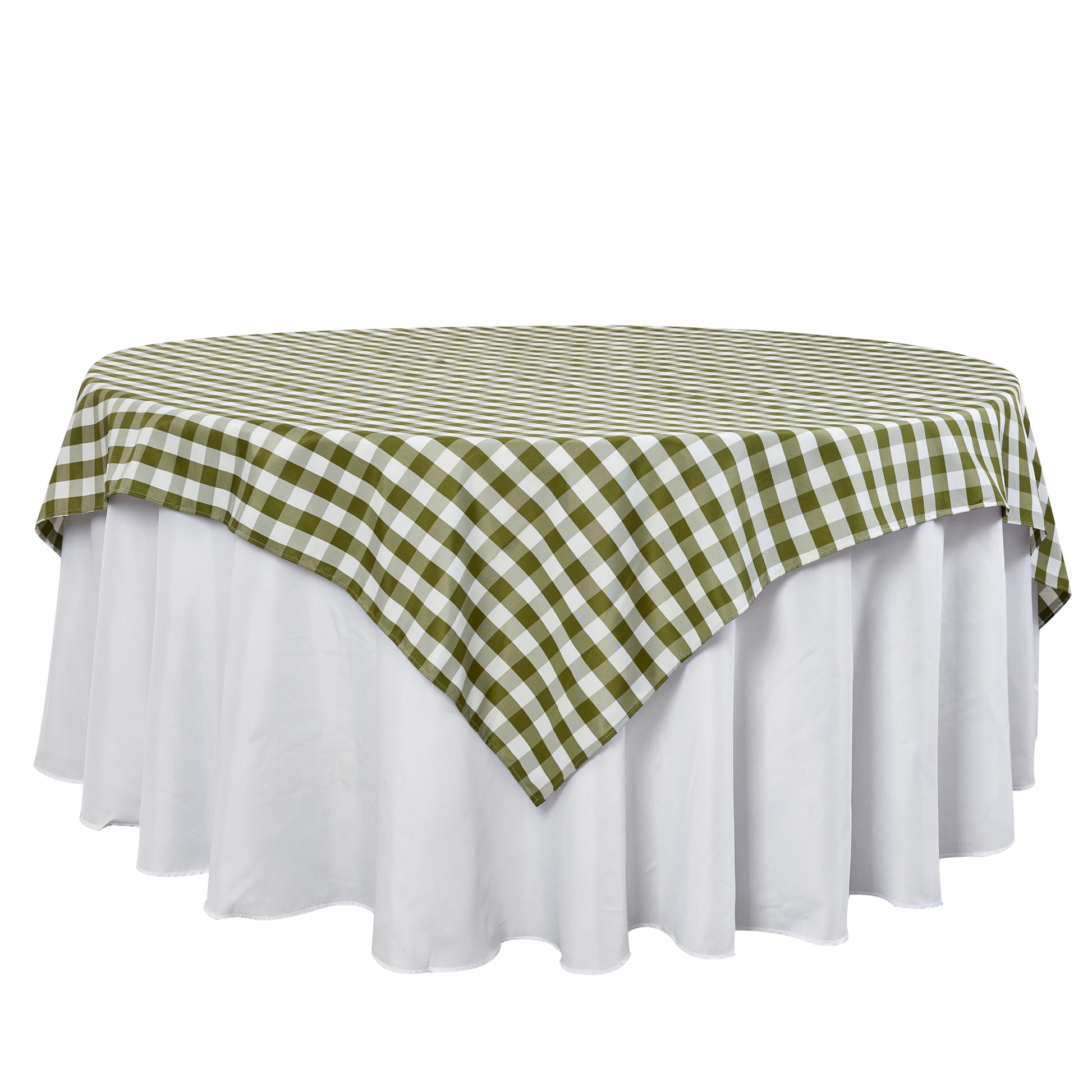 Gingham Checkered Square 70"x70" Polyester Overlay/Tablecloth Olive Green & White front view