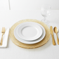 Glass Charger Plate with Twigs Trim - Gold with white dinner plate| white tablecloth | 