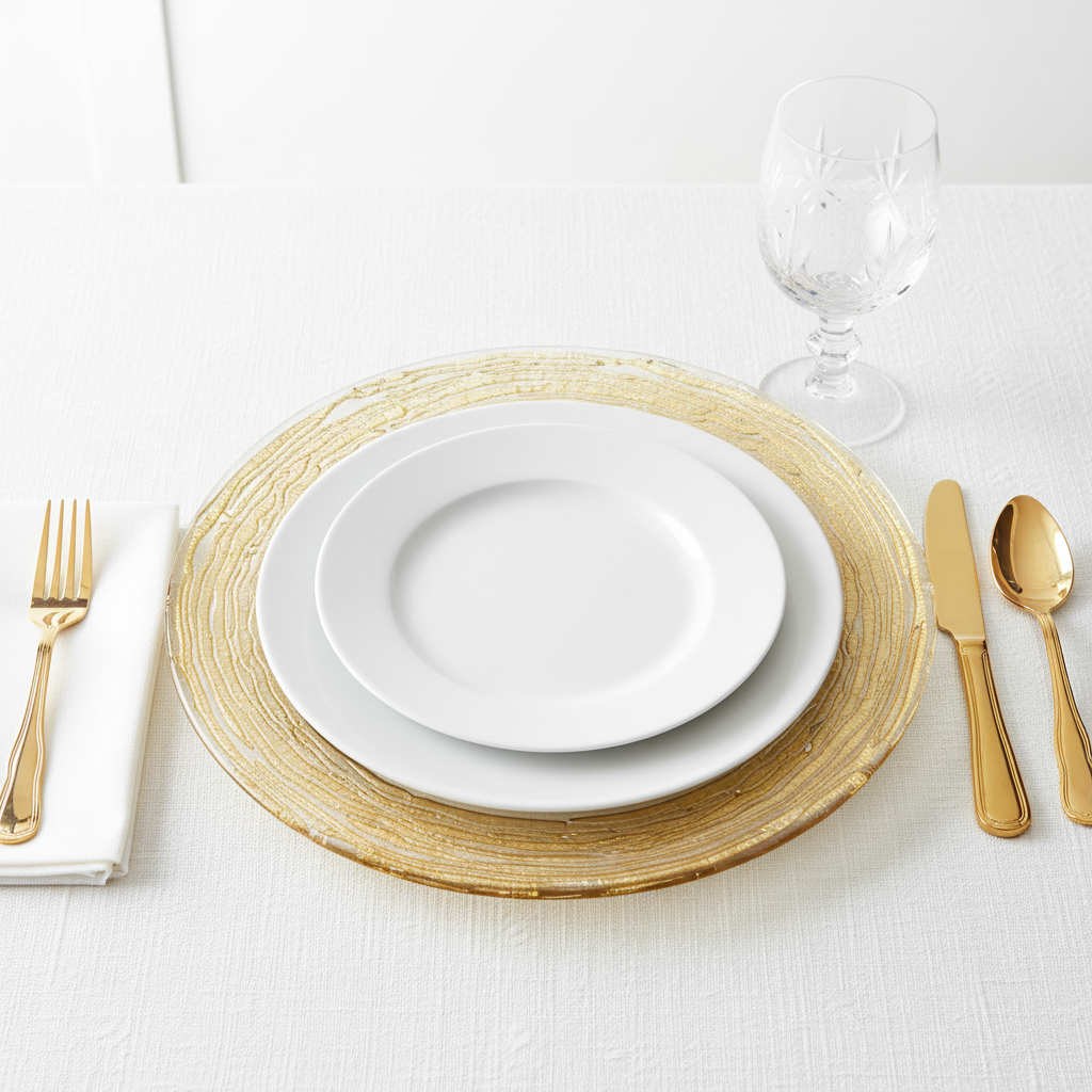 Glass Charger Plate with Twigs Trim - Gold with white dinner plate| white tablecloth | 