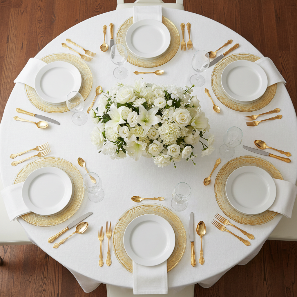 Glass Charger Plate with Twigs Trim - Gold with white dinner plate| white tablecloth | white napkin