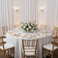Glass Charger Plate with Twigs Trim - Gold with white napkin | white tablecloth | gold chiavari chair
