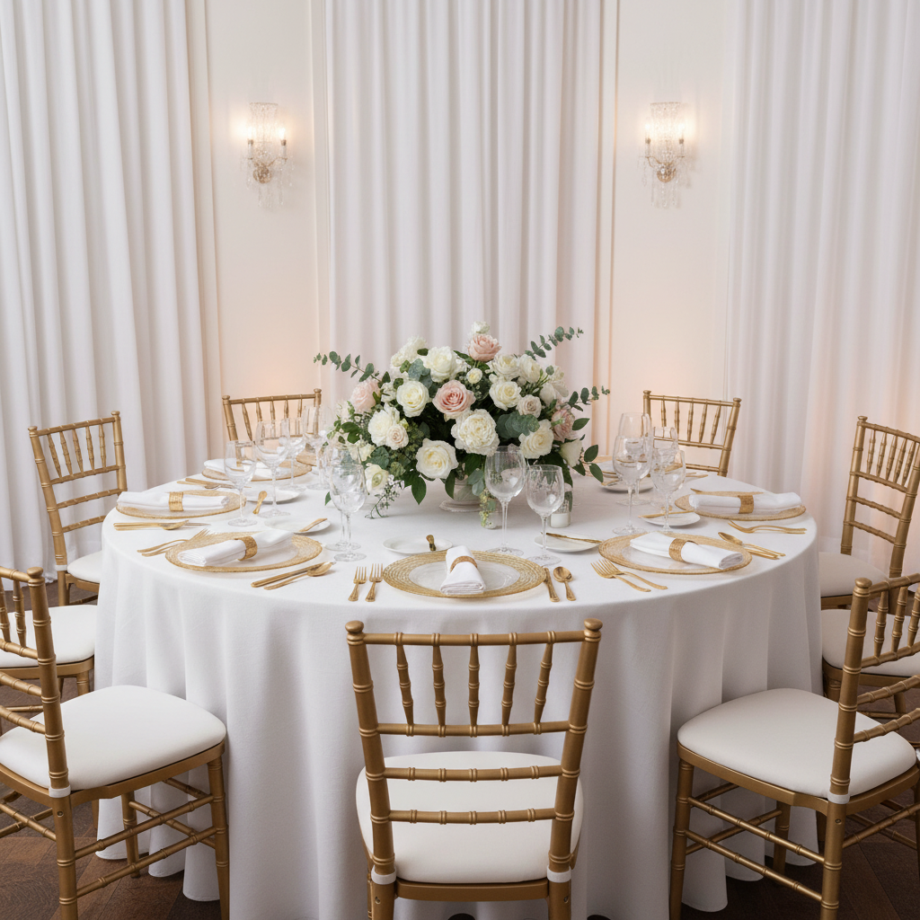 Glass Charger Plate with Twigs Trim - Gold with white napkin | white tablecloth | gold chiavari chair