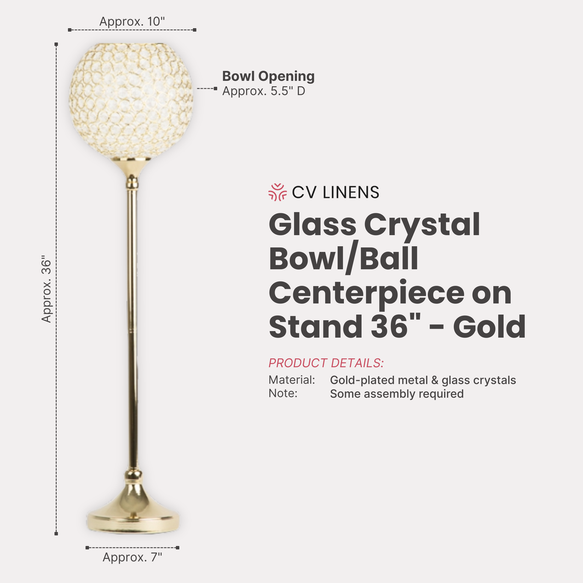 Glass Crystal Bowl/Ball Centerpiece on Stand 36" Gold infographic