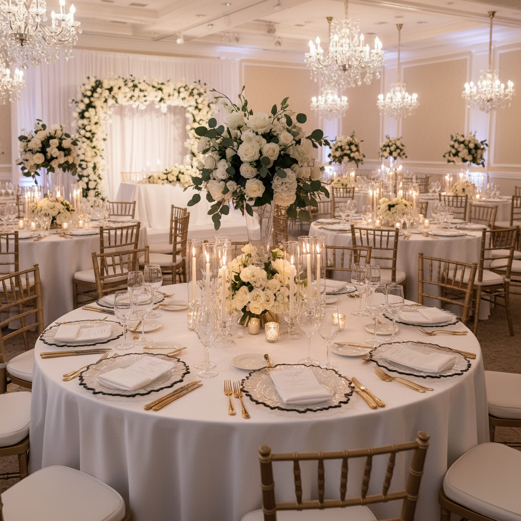 wedding reception with Glass Reef Charger Plate - Black Trim
