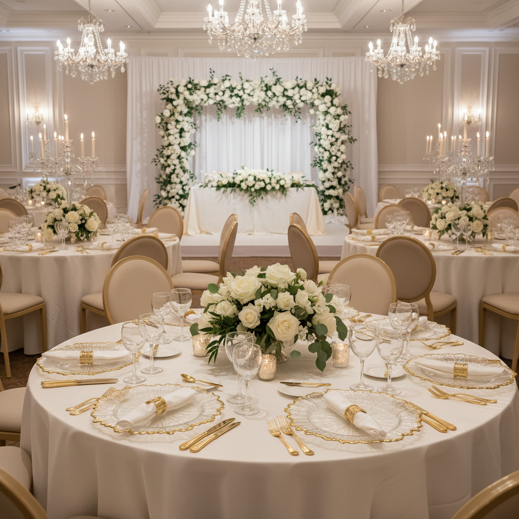 wedding reception with Glass Reef Charger Plate - Gold Trim