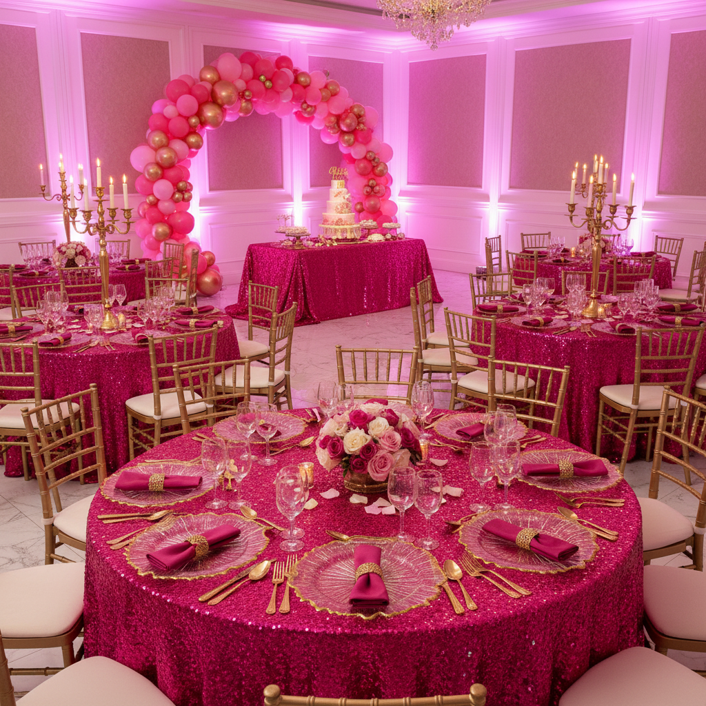 quinceañera indoor reception with Glass Reef Charger Plate - Gold Trim