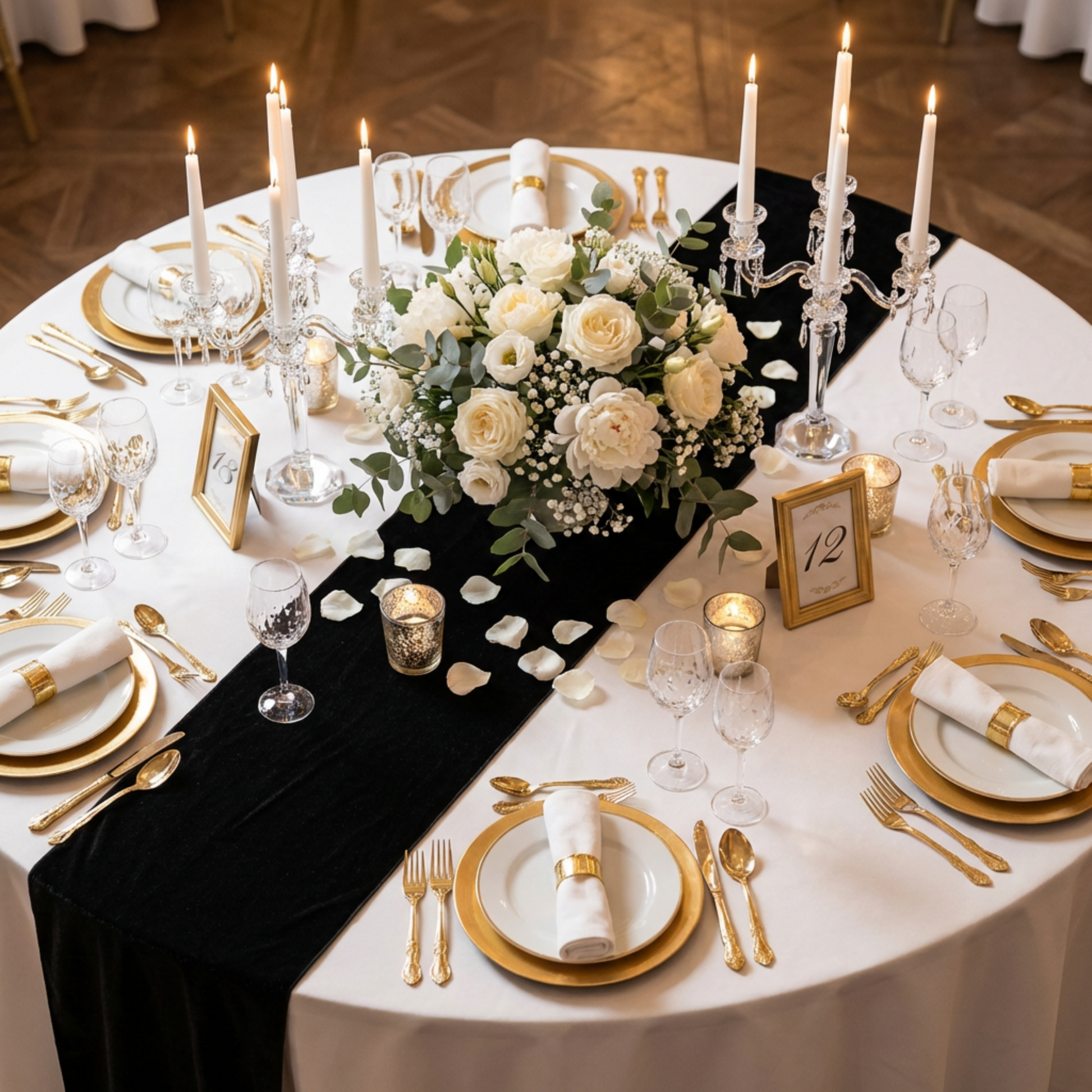 Glitter Velvet Table Runner Black  on a white round tablecloth with votive candles, roses floral centerpieces, tapered candles and wine glasses
