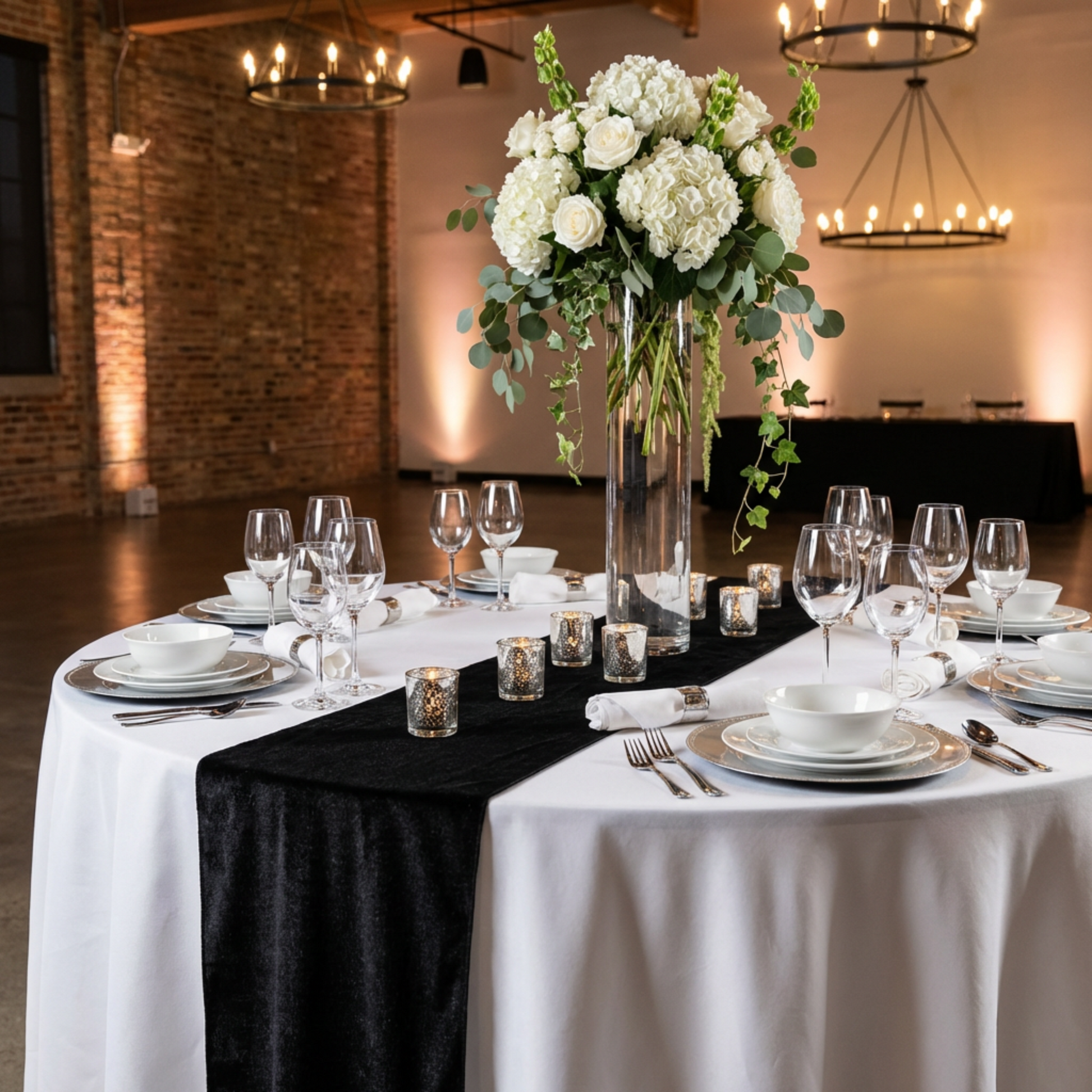 Glitter Velvet Table Runner Black  on a white round tablecloth with votive candles, rose and hydrangea centerpiece, and wine glasses