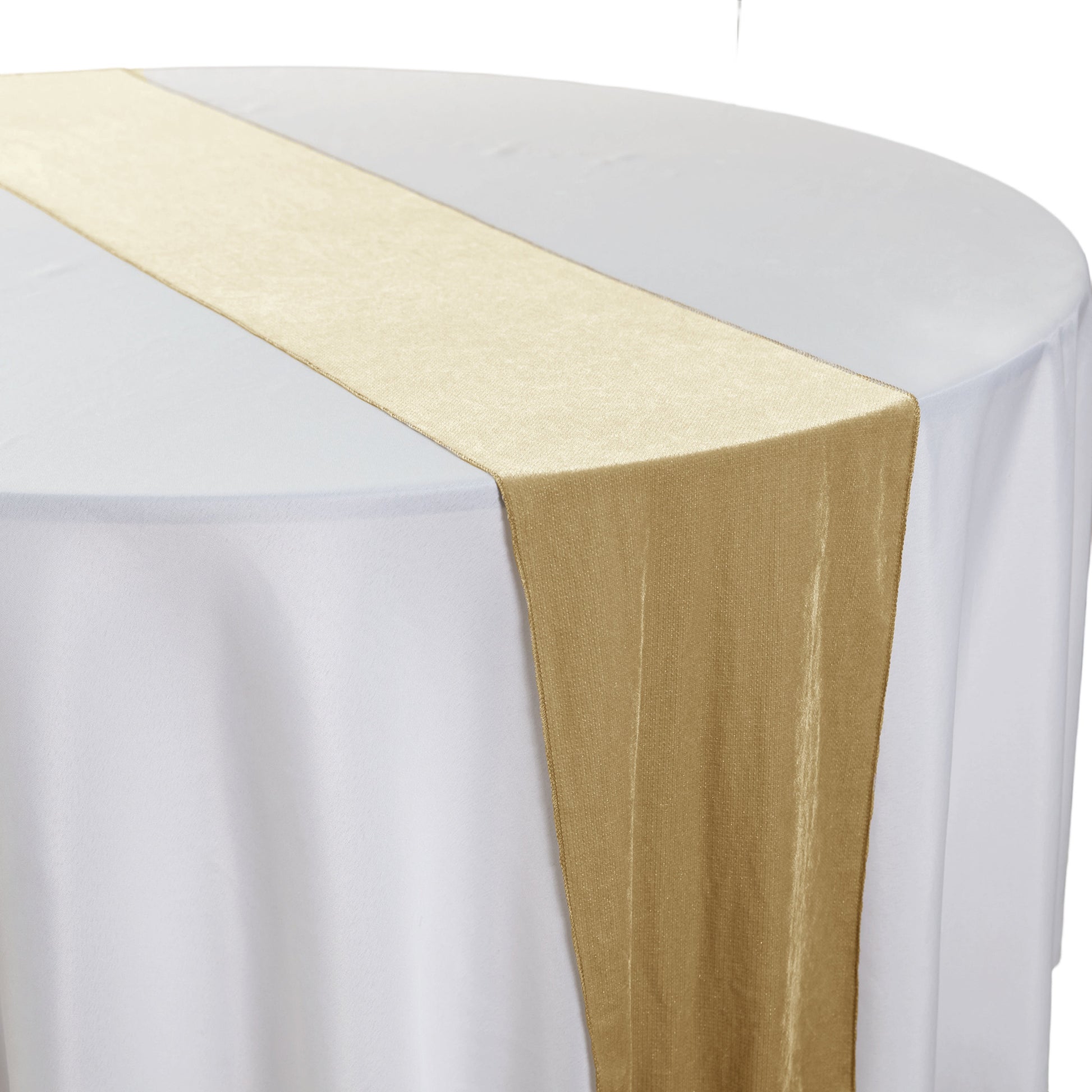 Glitter Velvet Table Runner Champagne on top a white tablecloth