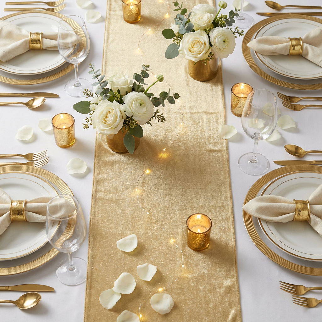 Glitter Velvet Table Runner Champagne close up  with votive candles and gold glass charger plates
