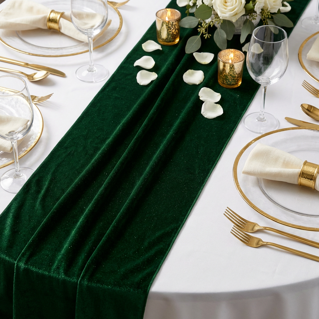Glitter Velvet Table Runner Emerald Green close up on a white round tablecloth, with white gold trimmed charger plates