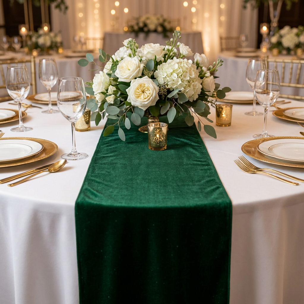 Glitter Velvet Table Runner Emerald Green on top a white tablecloth paired with gold charger plates, wine goblets and white roses floral centerpiece