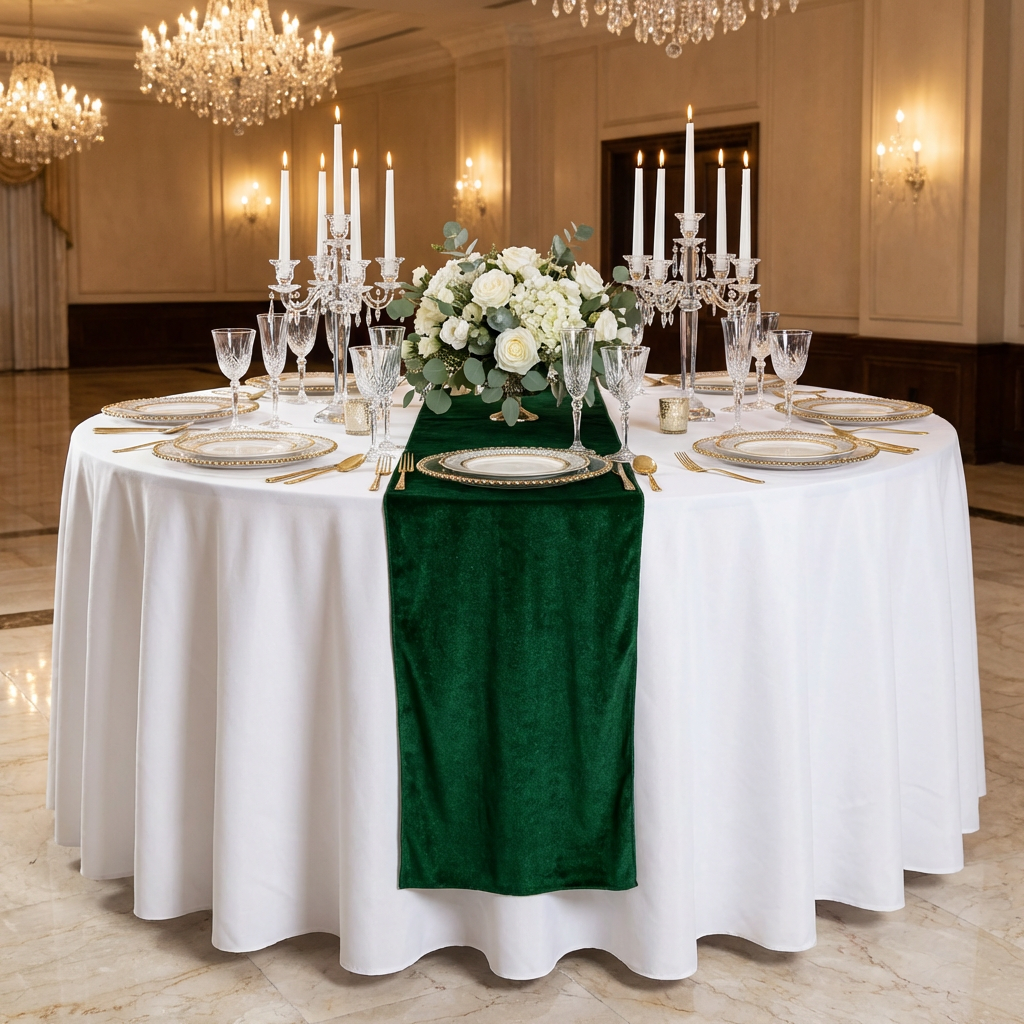 Glitter Velvet Table Runner Emerald Green on top a white tablecloth paired with gold charger plates, tapered candles, wine goblets and white floral centerpiece