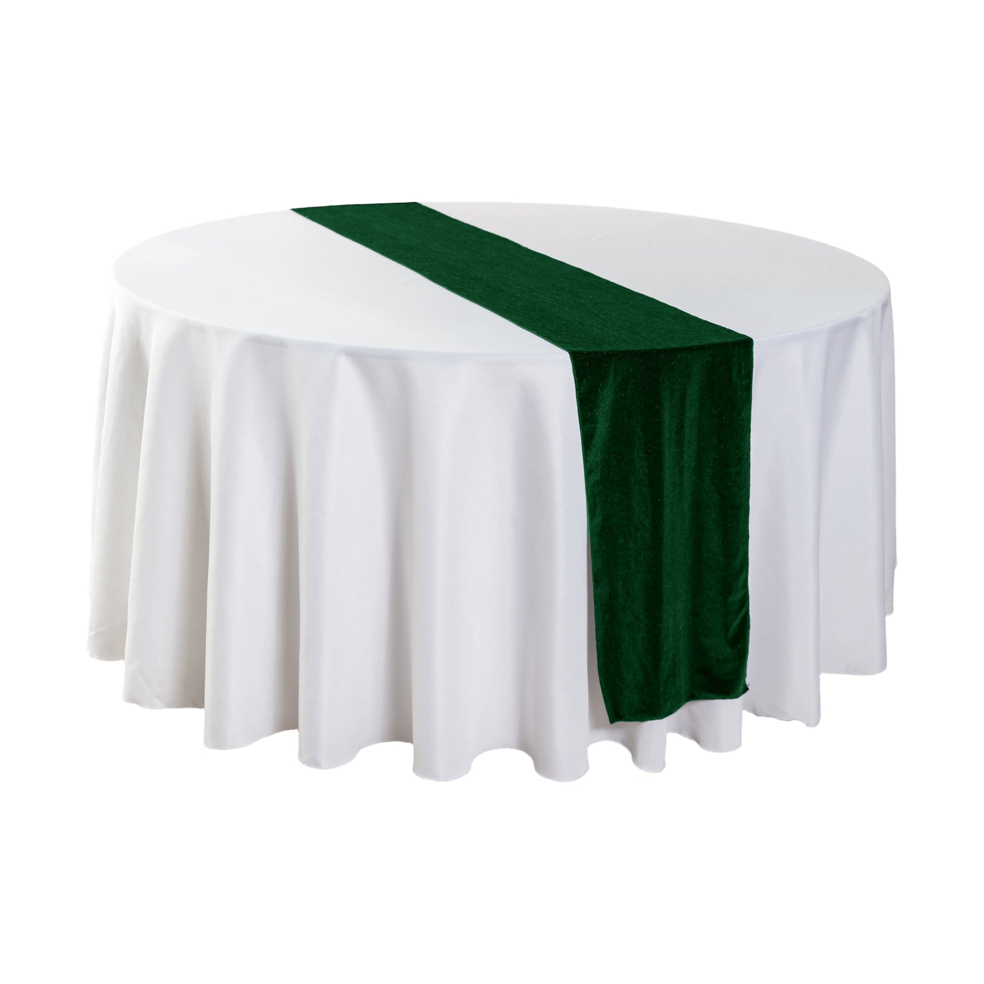 Glitter Velvet Table Runner Emerald Green on a round white tablecloth