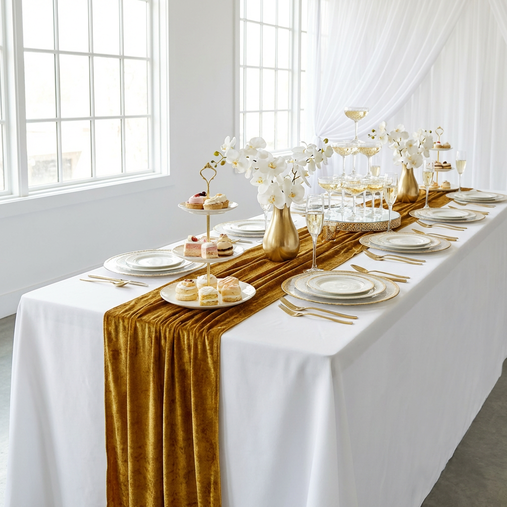 Glitter Velvet Table Runner Gold on a rectangular table with gold trimmed glass charger plates,  and gold accents