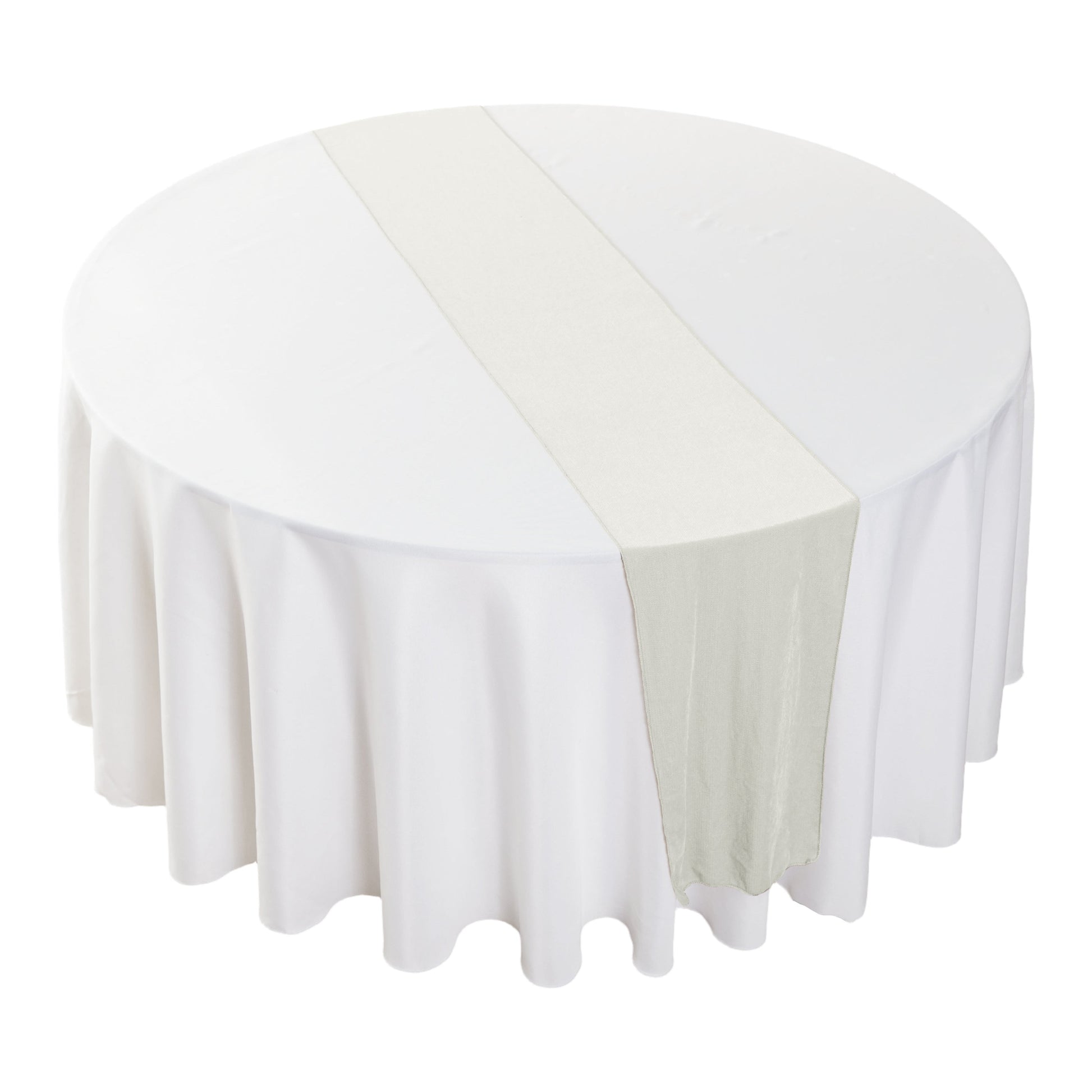 birds eye view of the Glitter Velvet Table Runner Ivory on top a round white tablecloth
