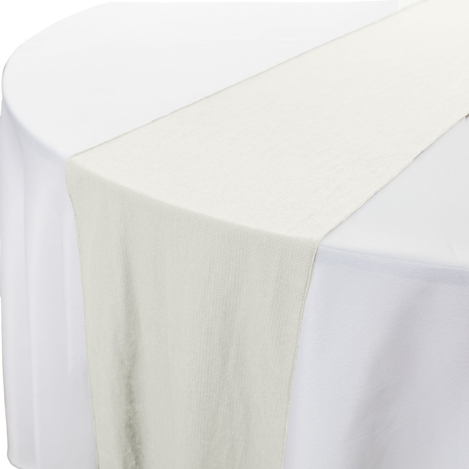 Glitter Velvet Table Runner Ivory on top a round white tablecloth close up