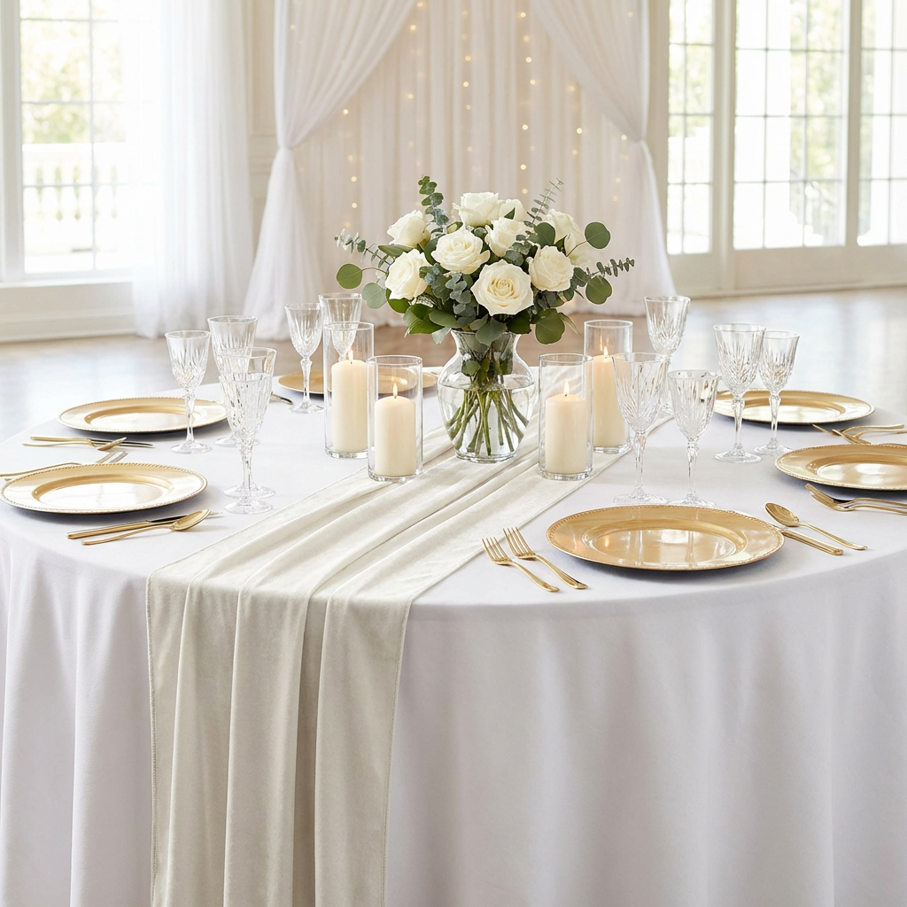 Glitter Velvet Table Runner Ivory on top a round white tablecloth paired with gold charger plates and sheer backdrop curtains