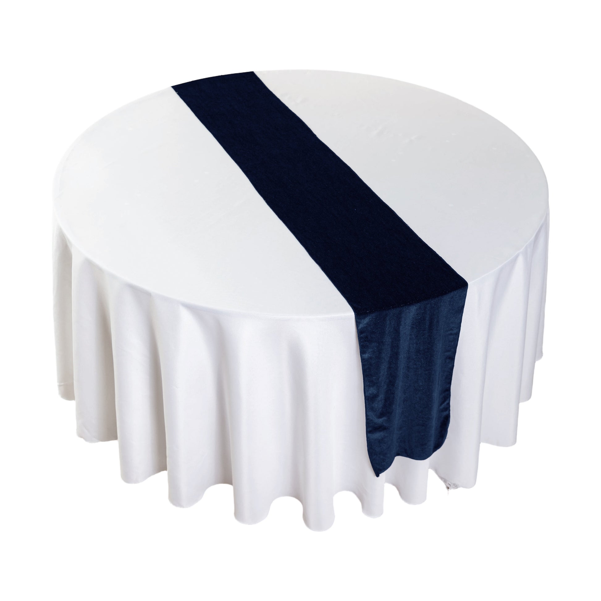birds eye view of the Glitter Velvet Table Runner Navy Blue on top of a white round tablecloth