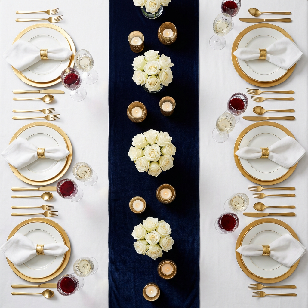 birds eye view of the Glitter Velvet Table Runner Navy Blue with floral centerpiece, white napkin and gold napkin rings