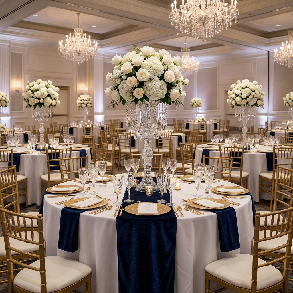 Glitter Velvet Table Runner Navy Blue on top a white tablecloth paired with gold charger plates, wine goblets and tall white floral centerpiece