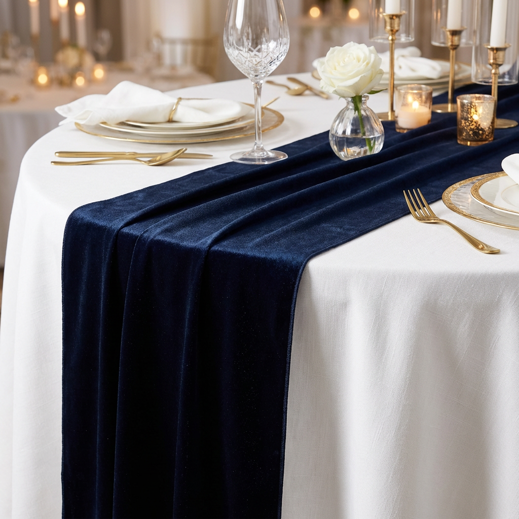 Glitter Velvet Table Runner Navy Blue close up on an ivory tablelcoth with gold accessories