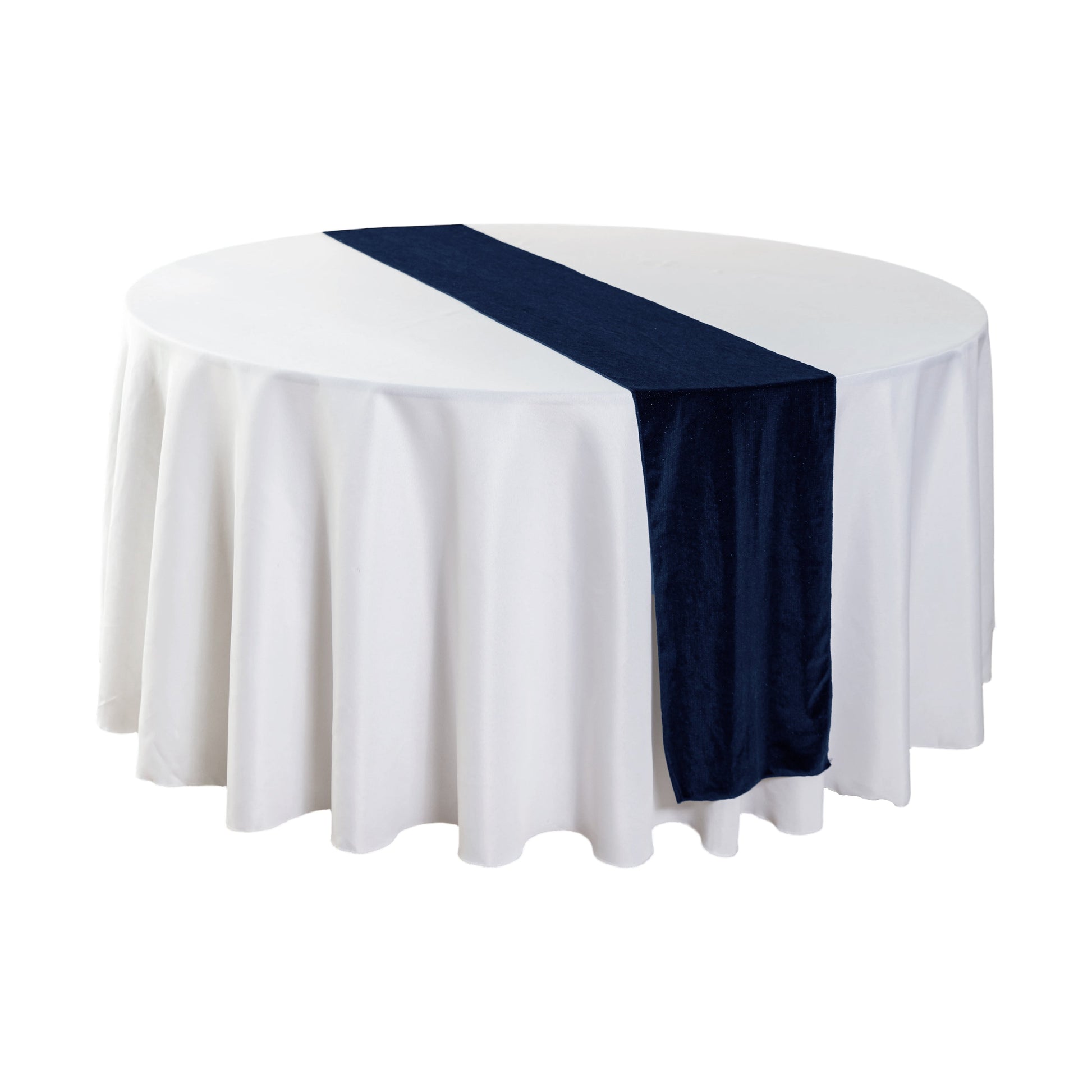 Glitter Velvet Table Runner Navy Blue on a round white tablecloth