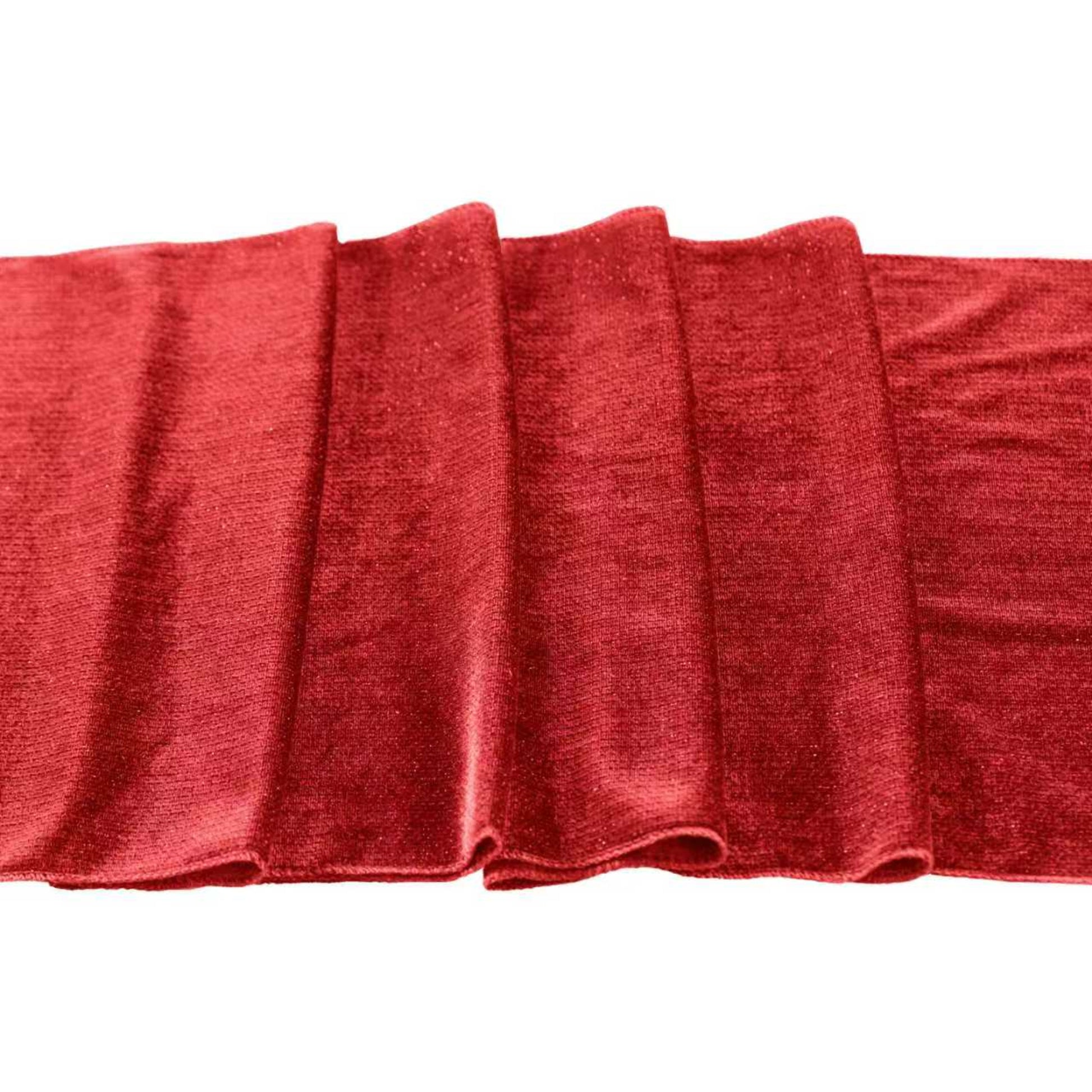 Glitter Velvet Table Runner Red close up showing serged edge finish