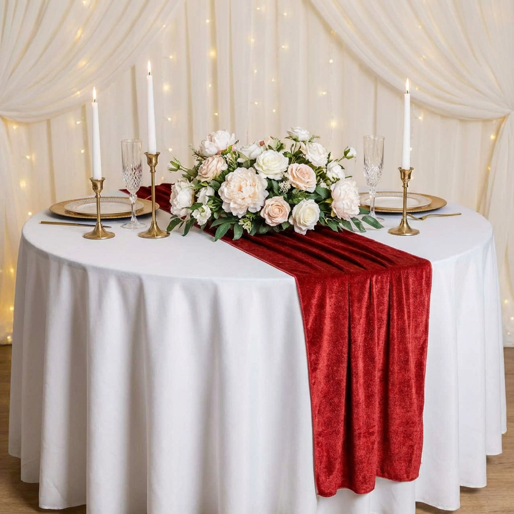 Glitter Velvet Table Runner Red on top a white tablecloth paired with gold charger plates, tapered candles, wine goblets and white floral centerpiece
