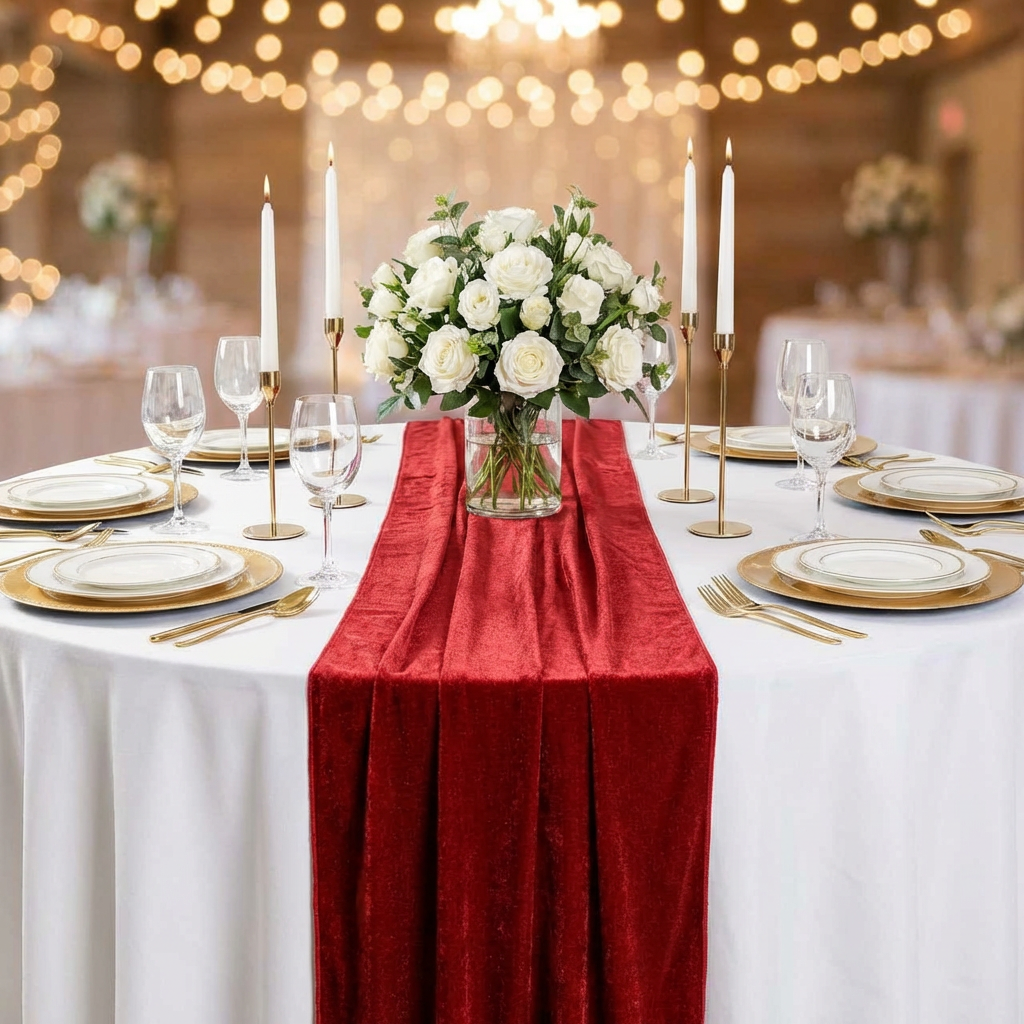 Glitter Velvet Table Runner Red on top a white tablecloth paired with gold charger plates, tapered candles, wine goblets and white roses floral centerpiece