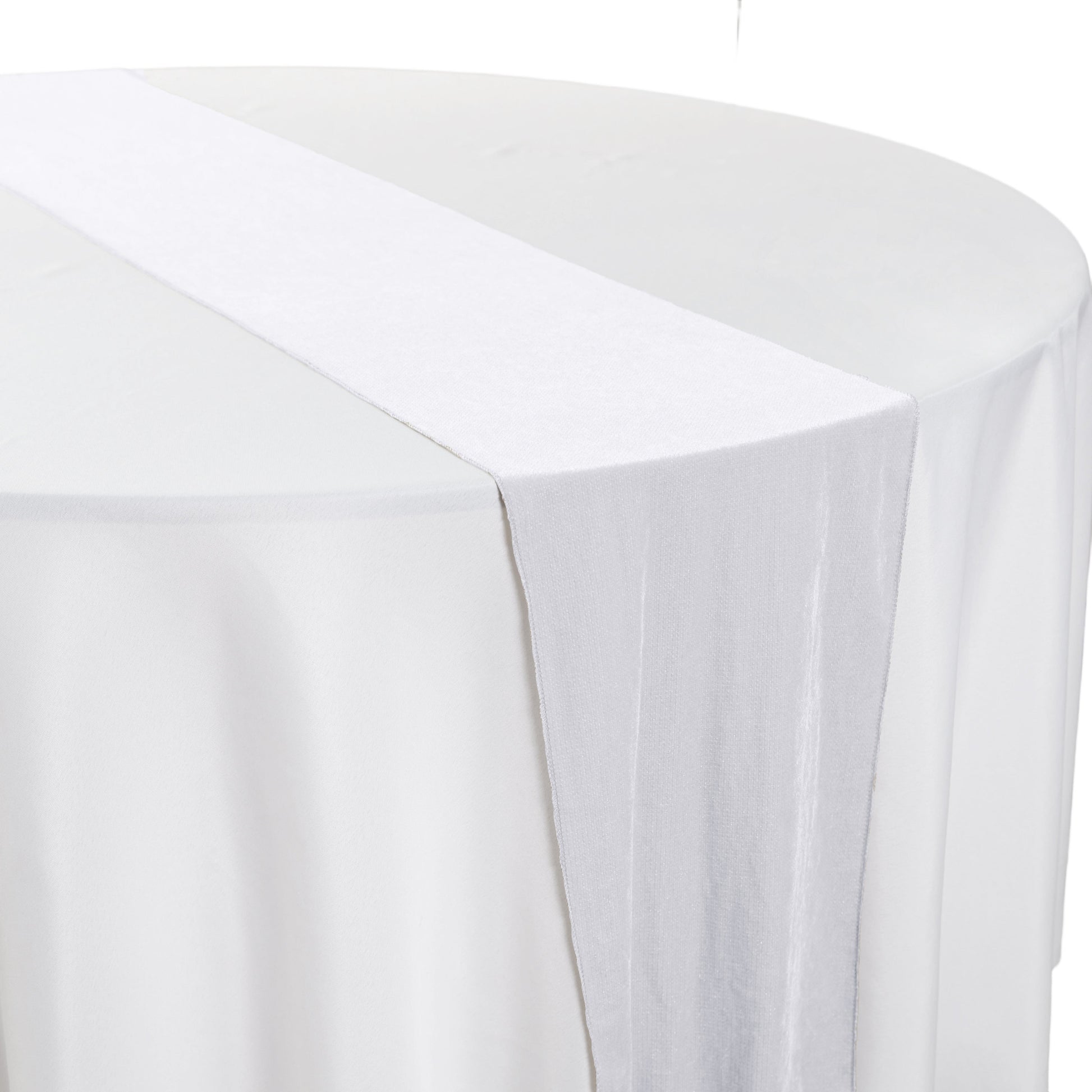 Glitter Velvet Table Runner White overhang on a round table