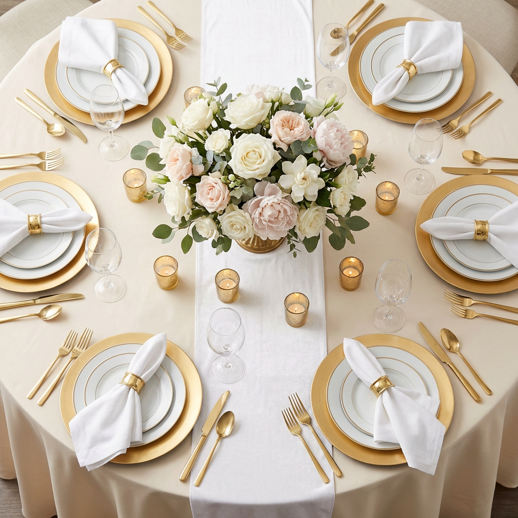 birds eye view of dinner table setting with the Glitter Velvet Table Runner White paired with cold charger plates and white gold trimmed dinner plates