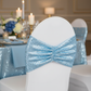 Glitz Ruffle Sequin Spandex Chair Band Sash - Baby Blue close up view on top of a white spandex chair cover