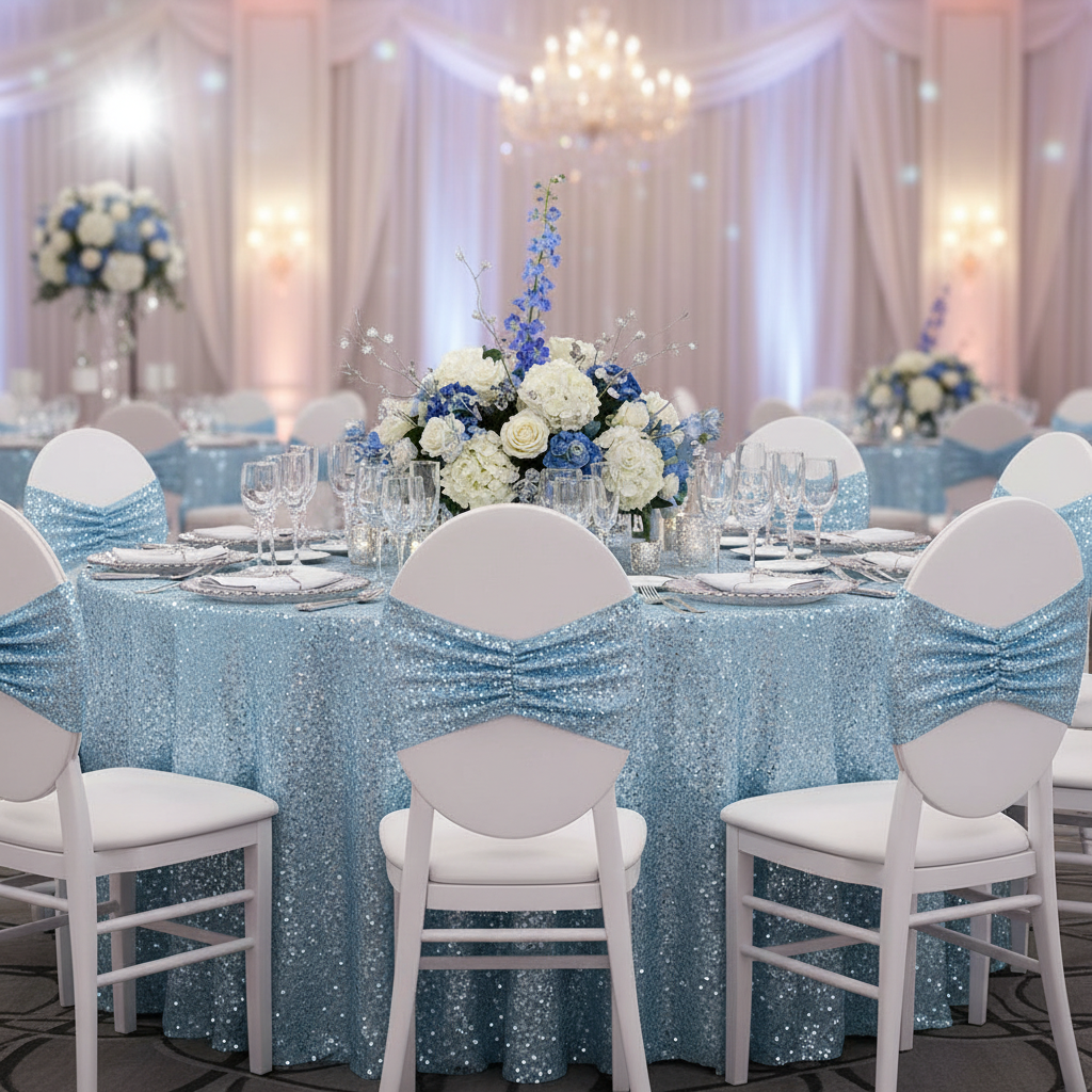 Glitz Ruffle Sequin Spandex Chair Band Sash - Baby Blue for quinceanera celebration on a banquet chair