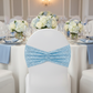 Glitz Ruffle Sequin Spandex Chair Band Sash - Baby Blue on a white spandex chair cover for baby shower