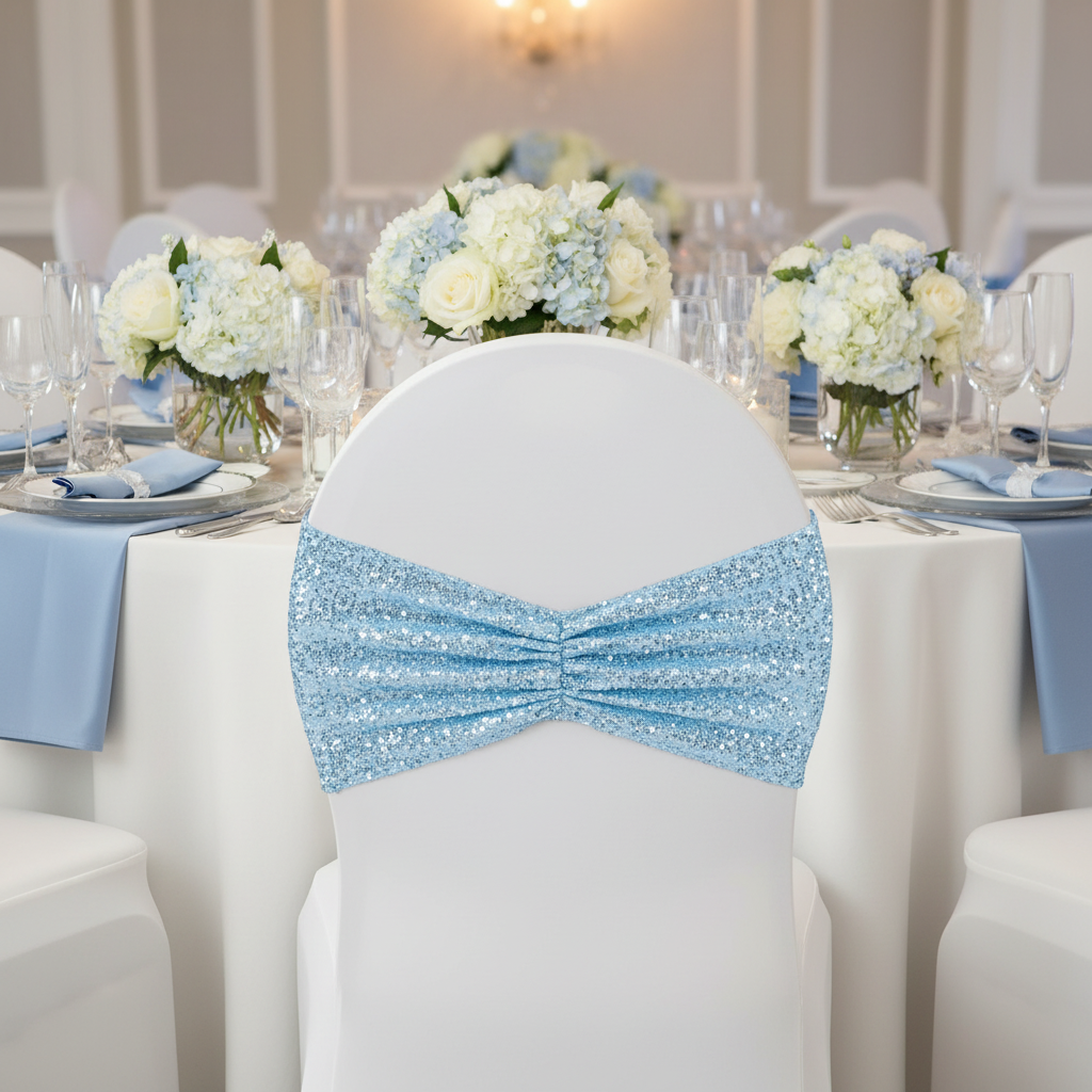 Glitz Ruffle Sequin Spandex Chair Band Sash - Baby Blue on a white spandex chair cover for baby shower