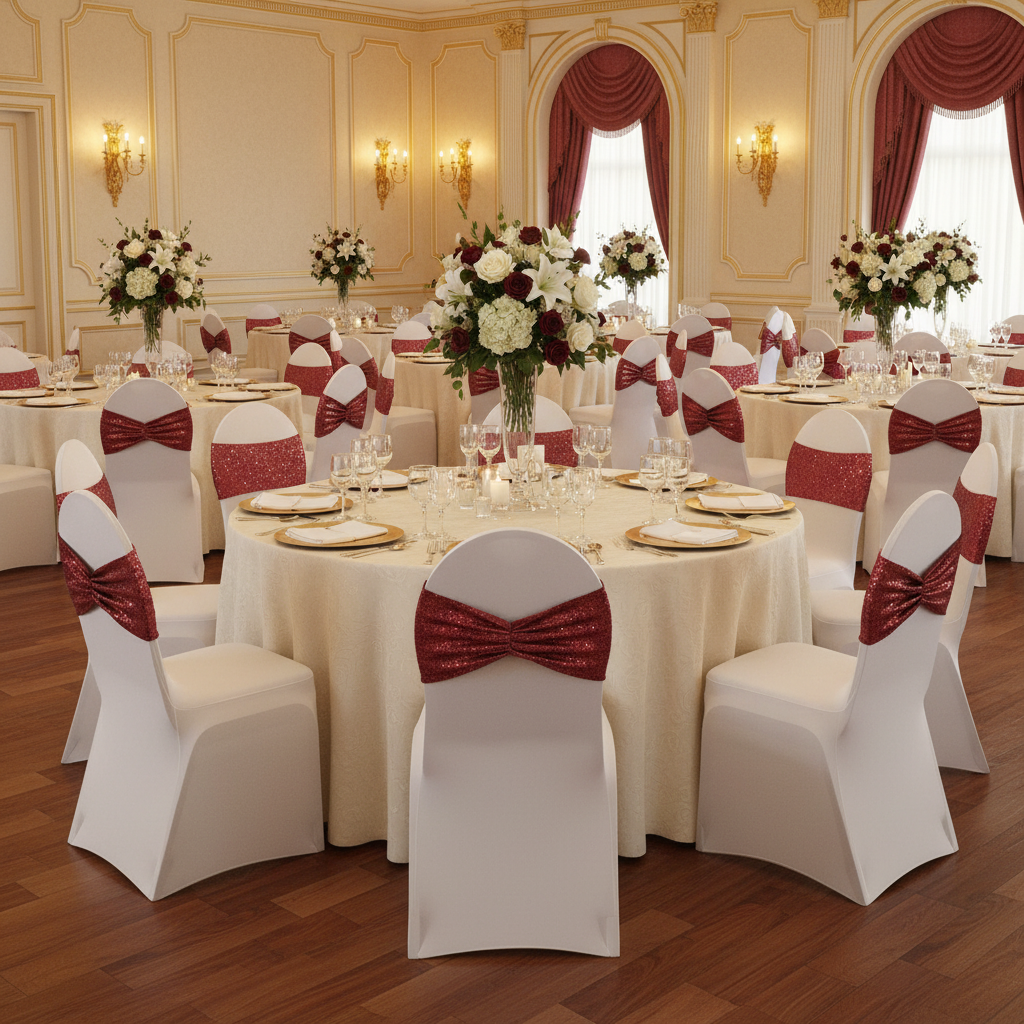 Glitz Ruffle Sequin Spandex Chair Band Sash - Burgundy