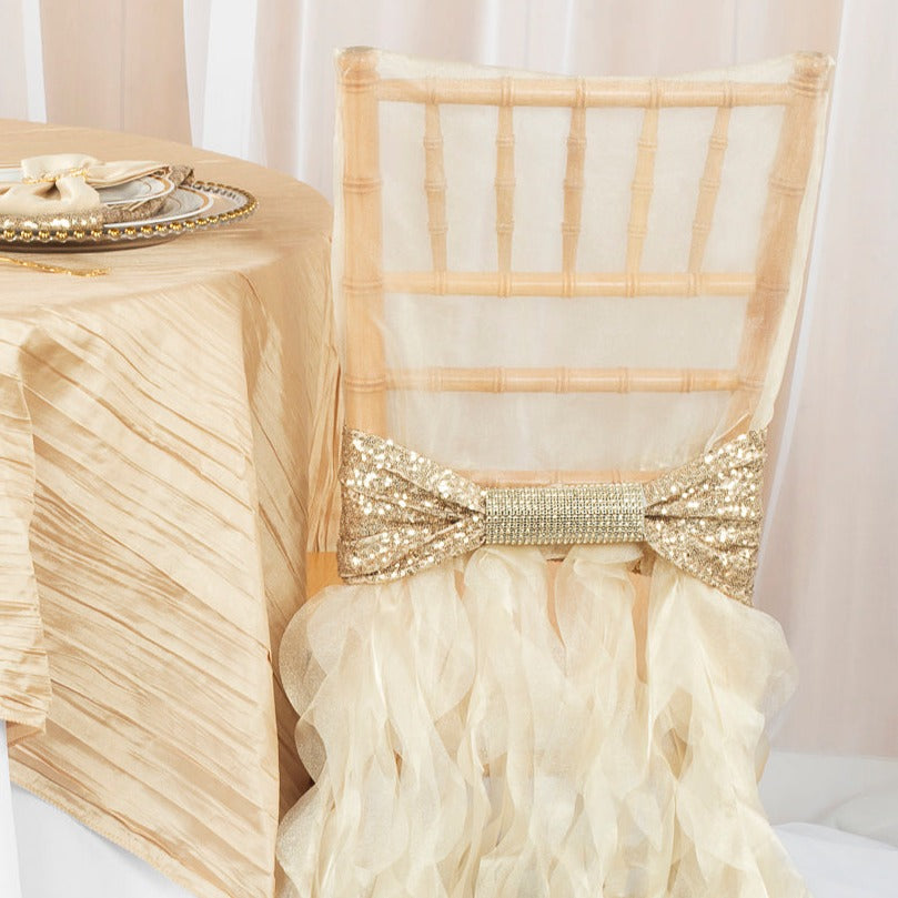 Glitz Ruffle Sequin Spandex Chair Band Sash - Champagne on top of 1 set curly willow cover in champagne with sash clip