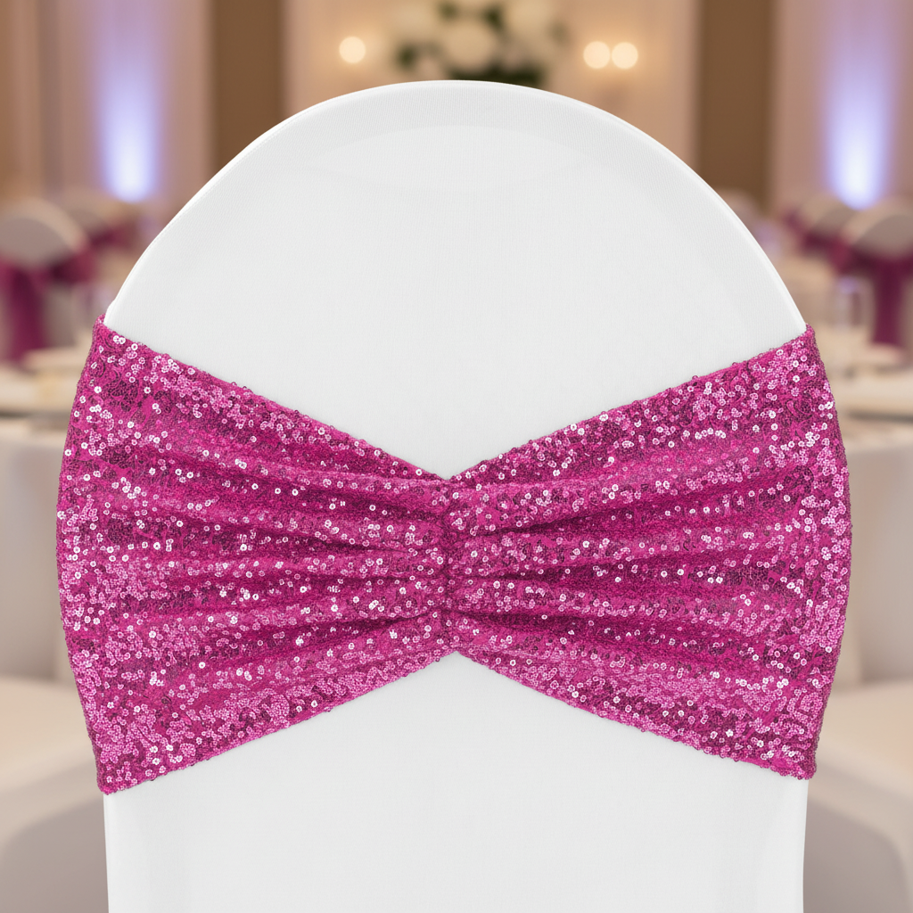 Glitz Ruffle Sequin Spandex Chair Band Sash - Fuchsia | chair cover