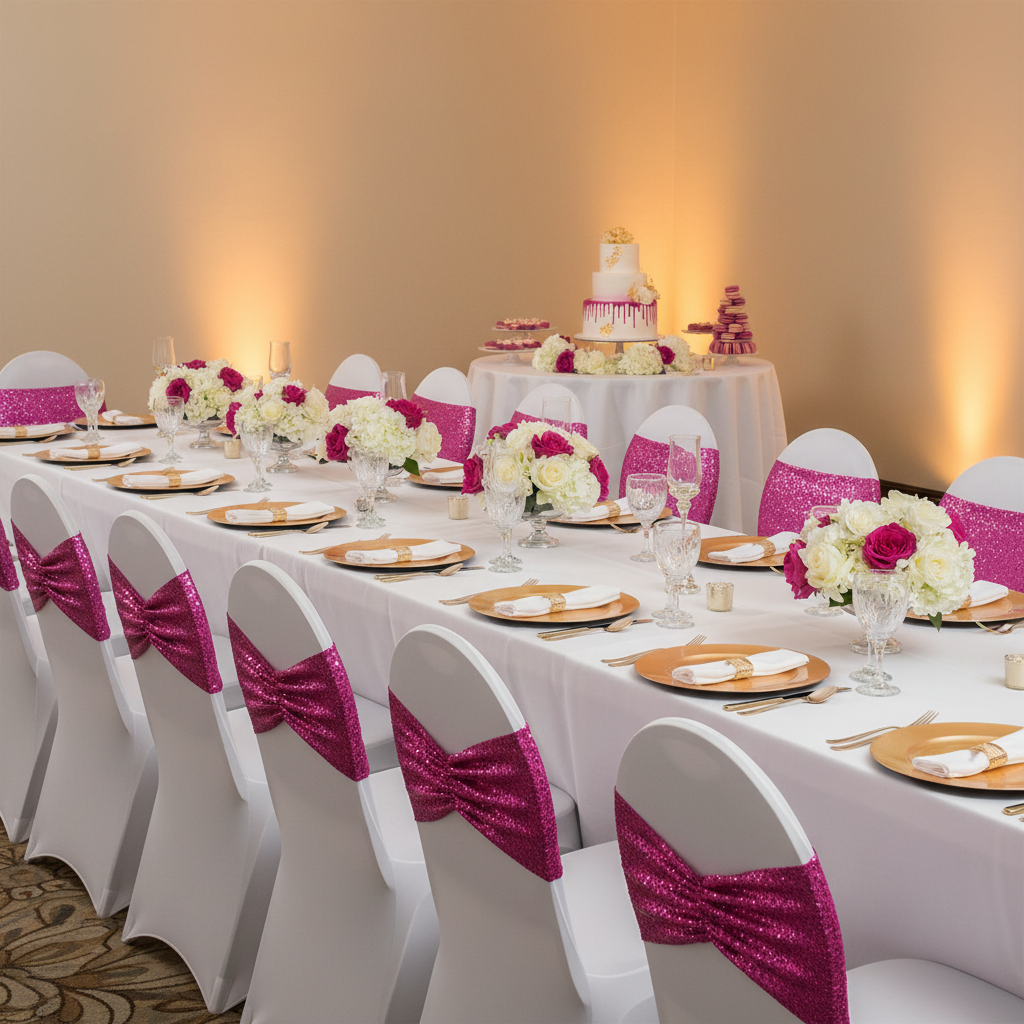 Glitz Ruffle Sequin Spandex Chair Band Sash - Fuchsia | chair cover | charger plate | napkin | wine goblets | tablecloth
