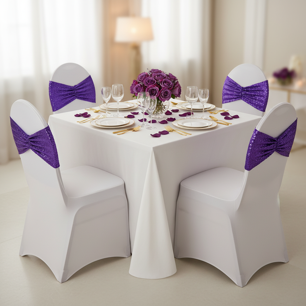 Glitz Ruffle Sequin Spandex Chair Band Sash - Purple | chair cover | tablecloth | 