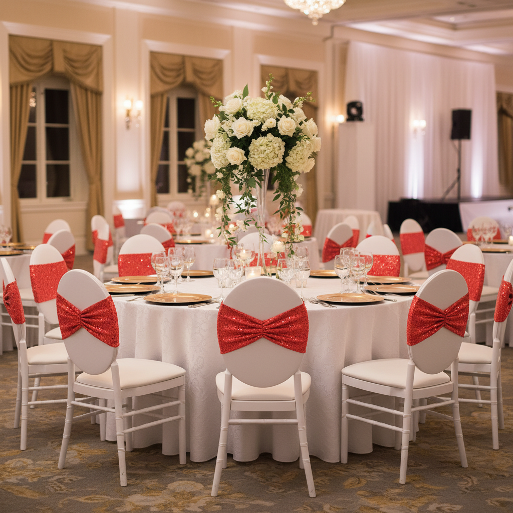 Glitz Ruffle Sequin Spandex Chair Band Sash - Red | banquet chair | 