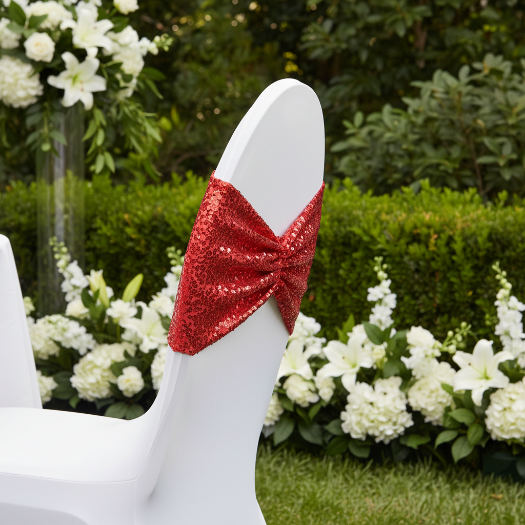 Glitz Ruffle Sequin Spandex Chair Band Sash - Red side view detail