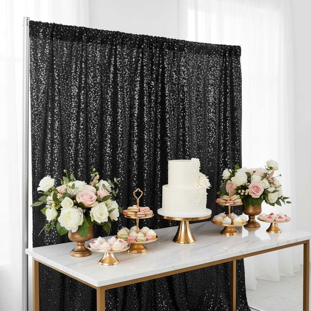 Glitz Sequin 10ft H x 112" W Drape/Backdrop panel - Black for baby shower cake stand