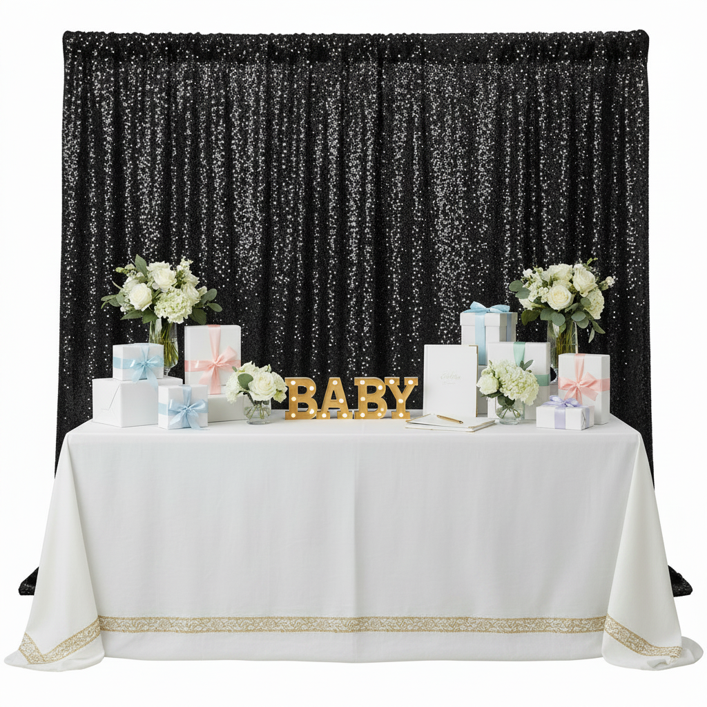 Glitz Sequin 10ft H x 112" W Drape/Backdrop panel - Black for baby shower