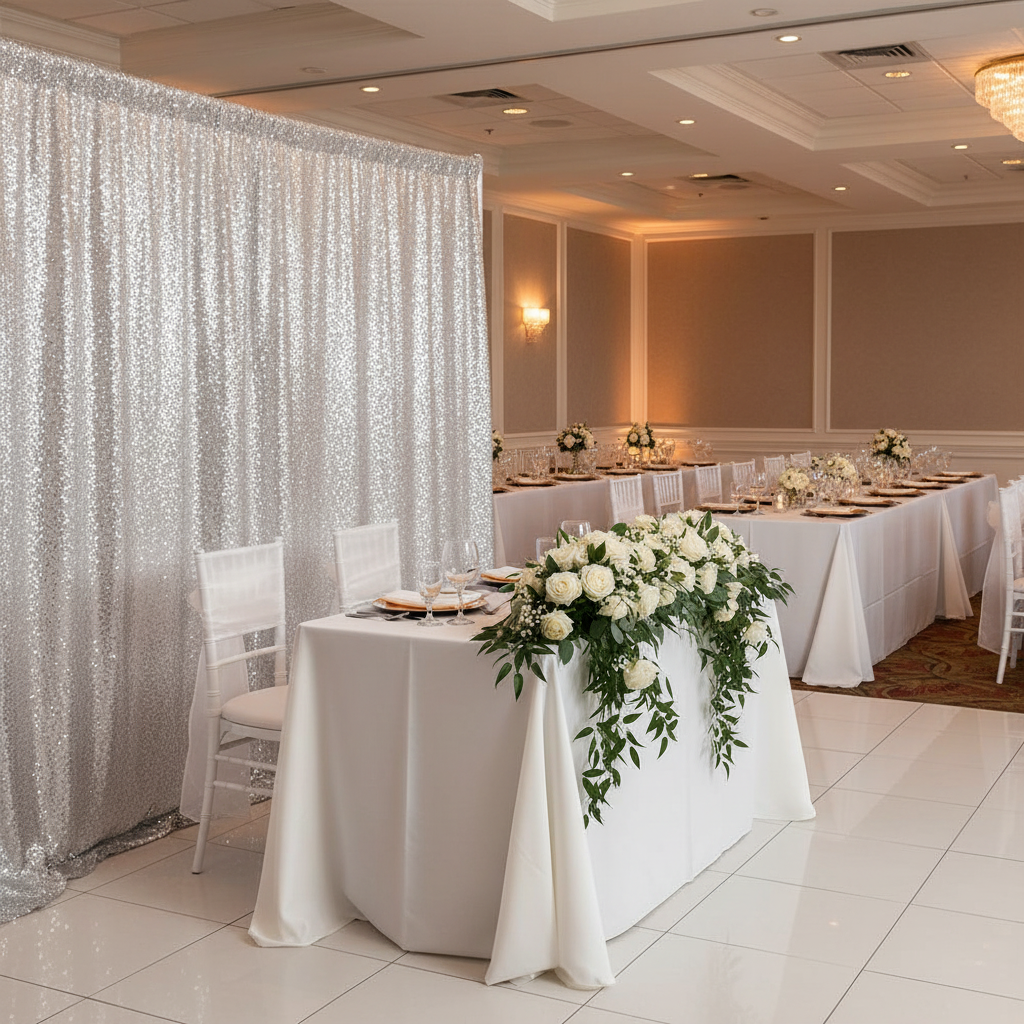 Glitz Sequin 10ft H x 112" W Drape/Backdrop panel - Silver | uprights | crossbars | bases |