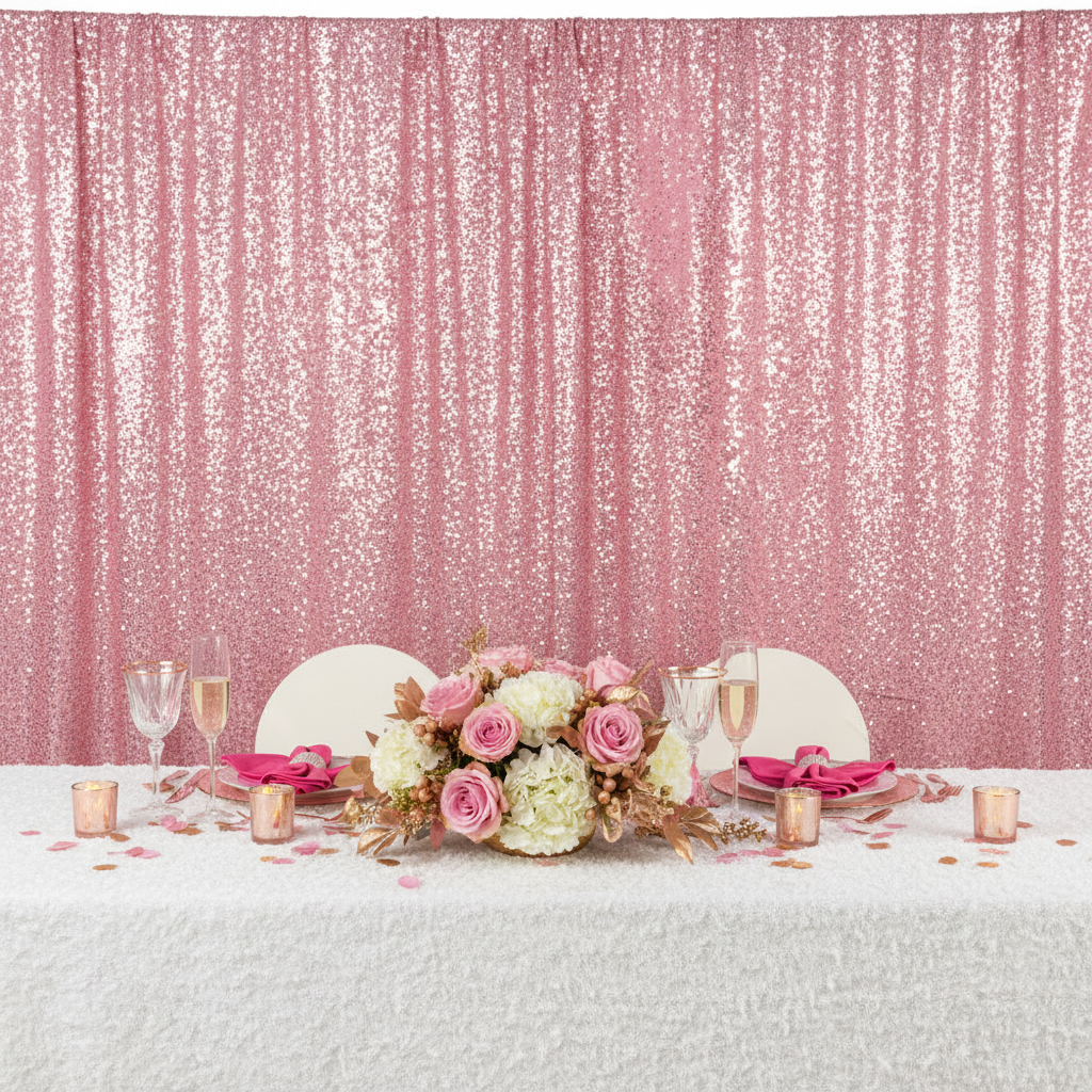 Glitz Sequin 10ft H x 52" W Drape/Backdrop panel - Pink at the back of a sweetheart table for wedding reception