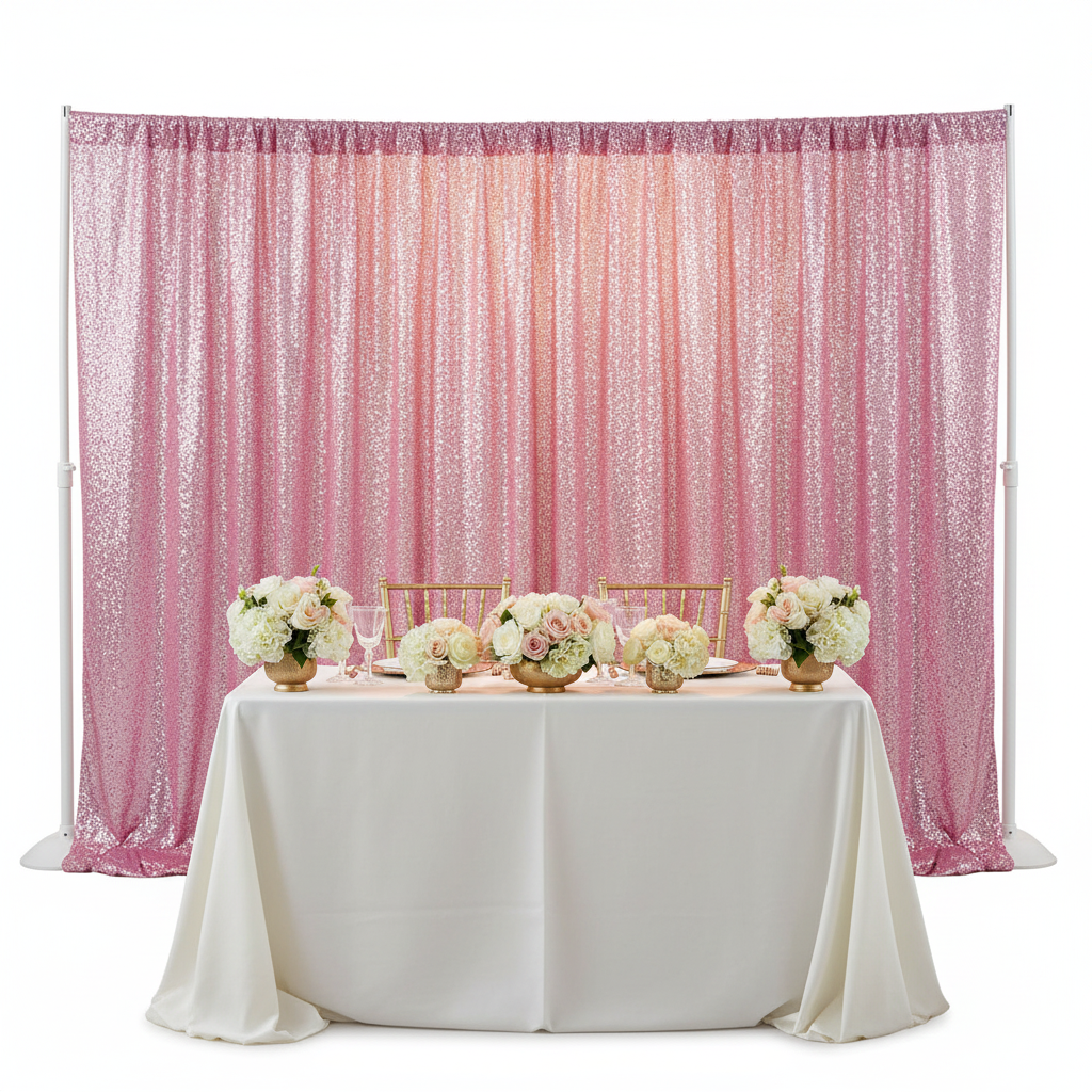Glitz Sequin 10ft H x 52" W Drape/Backdrop panel - Pink at the back of a sweetheart table for wedding reception