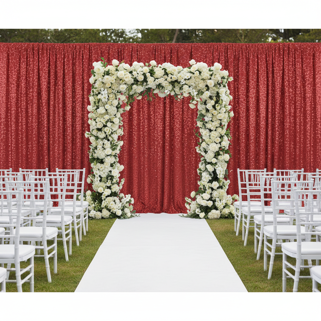 Glitz Sequin 10ft H x 52" W Drape/Backdrop panel - Red for wedding ceremony with flower premade runner