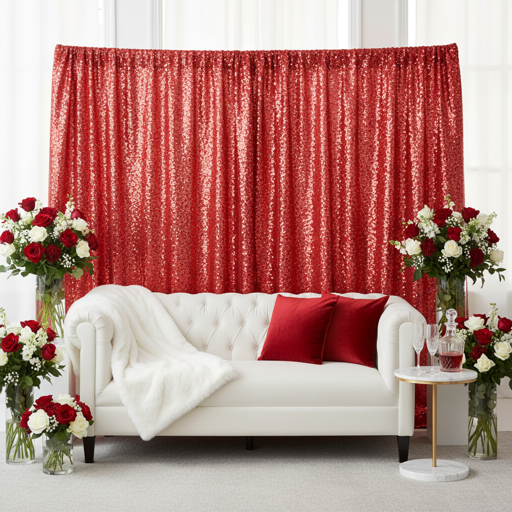 Glitz Sequin 10ft H x 52" W Drape/Backdrop panel - Red valentines lounge 